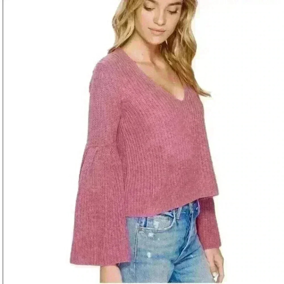 Free People Rose Pink Damsel Bell Sleeve Cotton Vneck Knitted Sweater,Size M - Picture 4 of 6